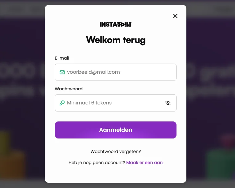 InstaSpin Casino inlogformulier