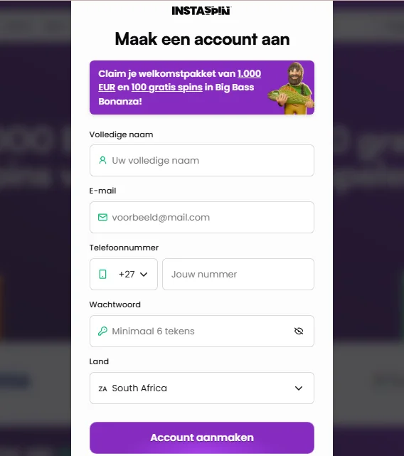 InstaSpin Casino registratieformulier